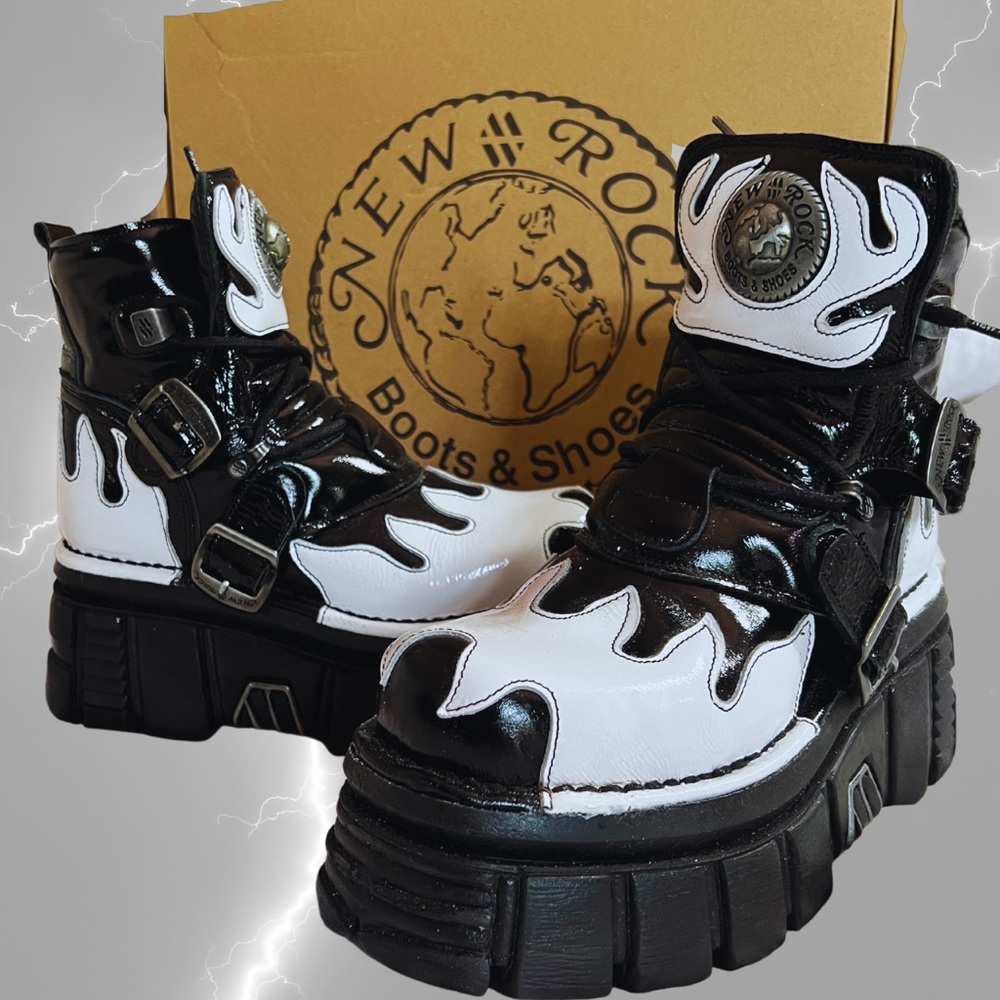 New Rock Leather flame black and white mid calf ankle platform rocker boots